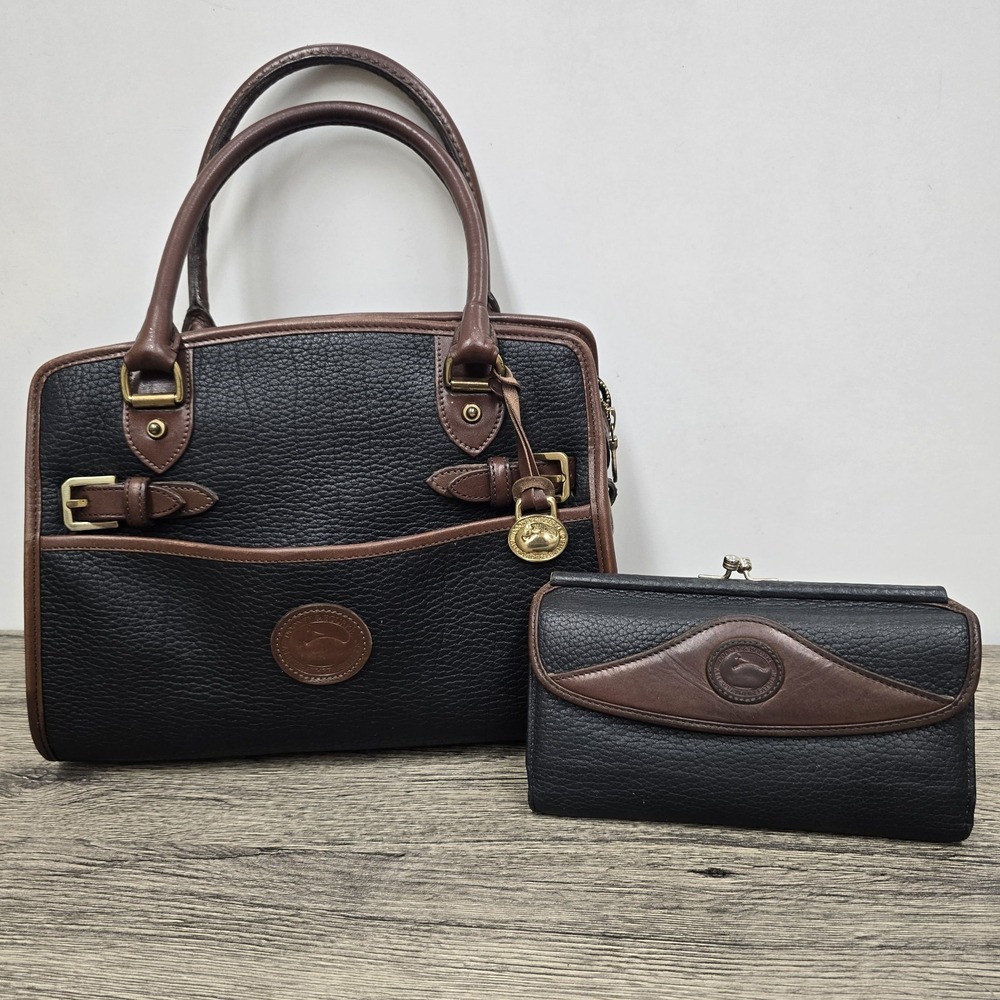 VTG Dooney & Bourke 'All Weather' Black Tan Zip-top Satchel‎ Handbag & Wallet